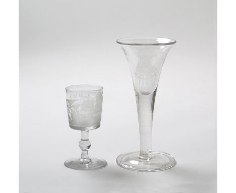 Two commemorative engraved wine glasses  19th century, one with a drawn trumpet bowl engraved with a titled view of HMS Victo