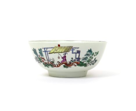 A rare Worcester printed and hand-coloured slop bowl  c.1760-65, printed with Les Garçons Chinois to one side, the reverse wi