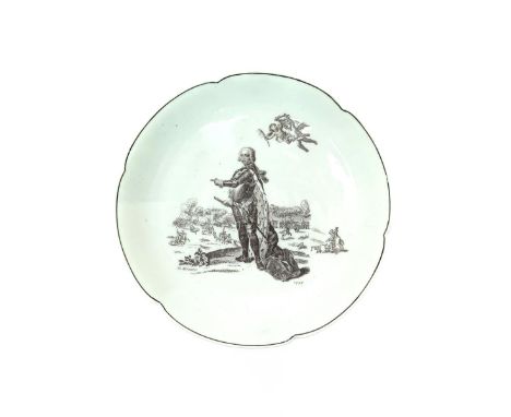 A rare Worcester hexafoil dish  dated 1757, printed in black with a full length portrait of the King of Prussia, after a port