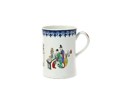 A large Worcester mug  c.1770-75, decorated with Chinese figures seated at a low table, standing with teabowls and holding a 