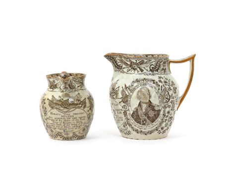A graduated pair of pearlware commemorative jugs  1st half 19th century, with pineapple-moulded bodies, printed in brown with