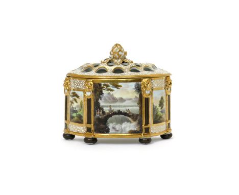 A Chamberlain's Worcester bough pot and cover  c.1815-20, the D-shape form split into three panels separated by raised column