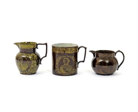 Two pearlware commemorative jugs and a porter mug  19th century, of Portobello type, printed in yellow on a brown ground with
