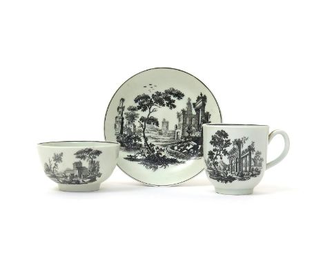 A Worcester trio  c.1765, comprising a teabowl, coffee cup and saucer, printed in black with landscapes and Classical ruins, 