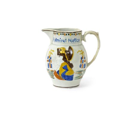 A small Pratt ware commemorative jug  late 18th/early 19th century, one side crisply moulded and coloured with a profile port
