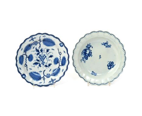 Two Worcester blue and white dessert plates  c.1770, one painted with the Rubber Tree Plant pattern, the other printed with t