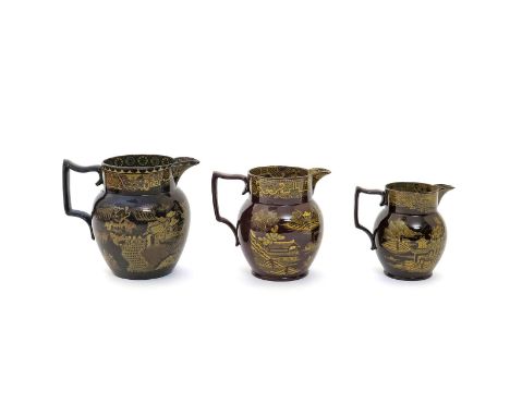 A matched graduated set of commemorative pearlware jugs  1st half 19th century, of Portobello type, printed in yellow on a br