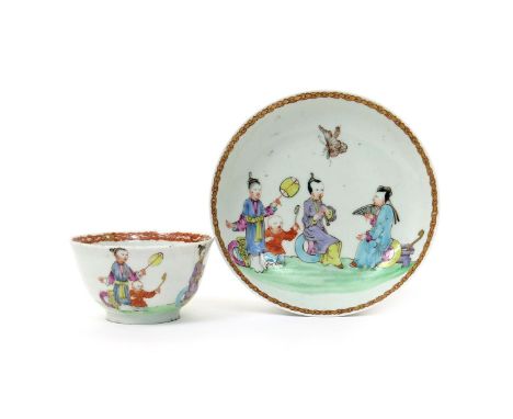 A matched Worcester teabowl and saucer  c.1758-60, brightly enamelled with the Chinese Musicians pattern, two figures with fa