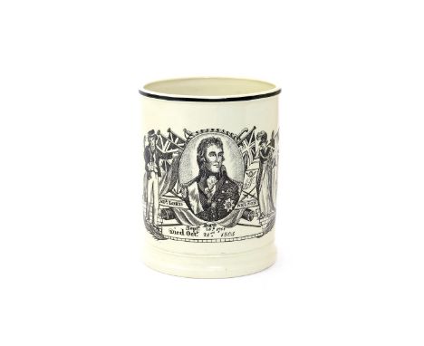 A rare commemorative creamware frog mug  early 19th century, printed in black with a portrait of Admiral Lord Nelson flanked 