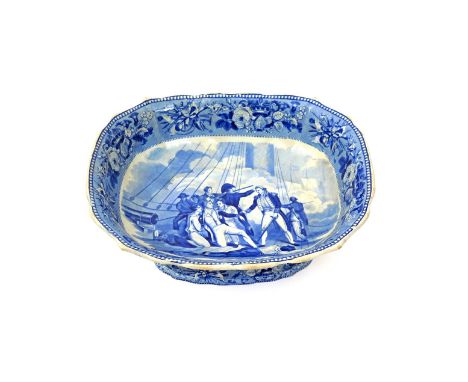 A rare Jones & Son blue and white transferware tazza c.1826-28, from the British History series, the well printed with the De