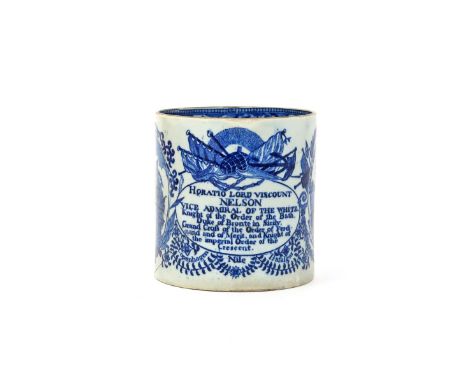 A large blue and white transferware commemorative porter mug  1st half 19th century, printed with a portrait of Nelson within
