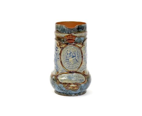 A Royal Doulton stoneware commemorative jug  c.1905, moulded in shallow relief with a profile portrait of Lord Nelson against