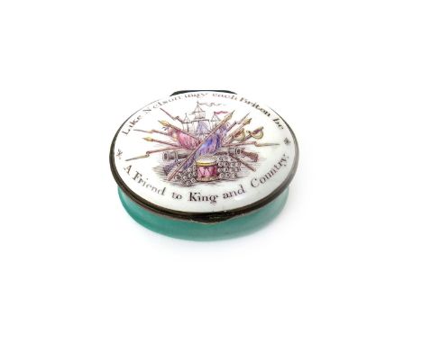 A Birmingham or South Staffordshire enamel 'Nelson' patch box  early 19th century, printed and delicately coloured with a shi