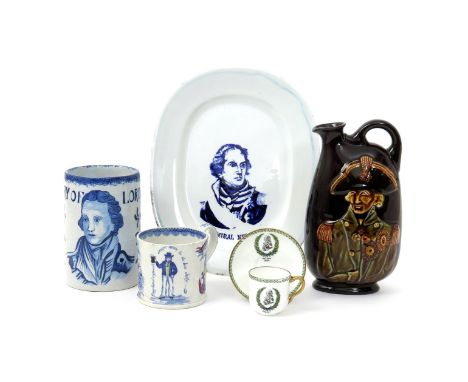 A small collection of ceramics relating to Vice-Admiral Lord Nelson  mostly 20th century, including a small Wedgwood cup and 