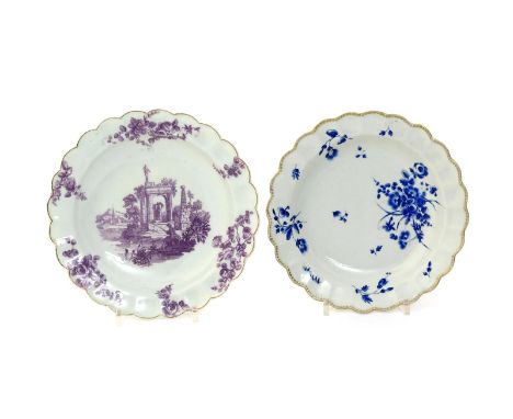 Two Worcester small dessert plates  c.1775, one printed in purple with a figure fishing before Classical ruins including a ta