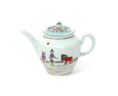 A small Worcester teapot and cover  c.1756-60, the baluster-shaped body printed and hand-coloured with the Red Bull pattern, 