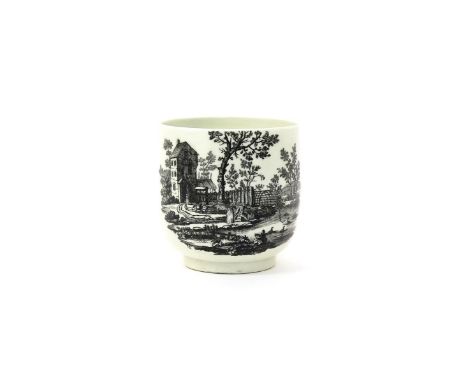 An unusual Worcester U-shaped cup or bowl  c.1765, printed in black by Robert Hancock with The Decoy and The Three Fishers, w