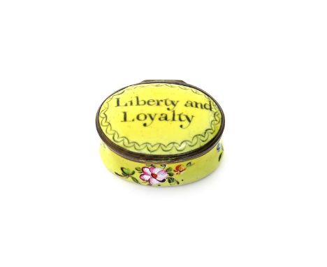 A rare Bilston enamel patch box  c.1770-80, the oval form decorated in a rich canary yellow ground, the cover inscribed 'Libe