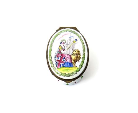 A South Staffordshire enamel patch box  late 18th/early 19th century, the oval form decorated with Britannia seated beside a 