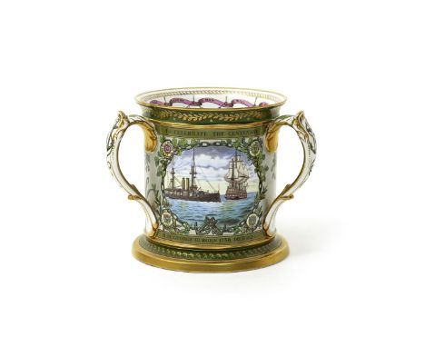 A Copeland deluxe limited edition commemorative tyg  c.1905, printed with a portrait of Admiral Lord Nelson flanked by Britan