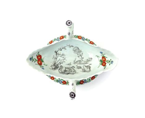 A rare Worcester two-handled sauceboat  c.1755, printed in 'Smoky Primitive' manner to the interior with swans swimming and o