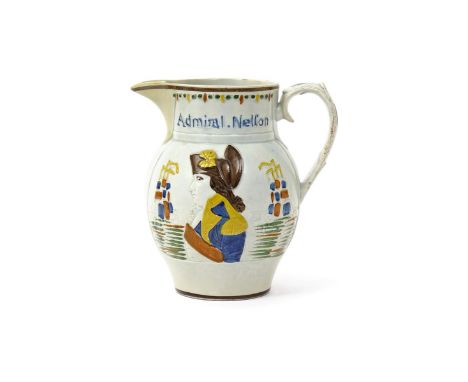 A Pratt ware commemorative jug  c.1798, crisply moulded and coloured to one side with a titled profile portrait of Admiral Ne