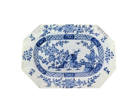 A rare Worcester blue and white octagonal dish  c.1754-55, the elongated form painted with the Two-Level Fence and Rock patte