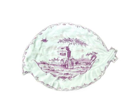 A Worcester double leaf dish  c.1758-60, painted in puce monochrome with two Chinese figures standing before a tall pagoda an