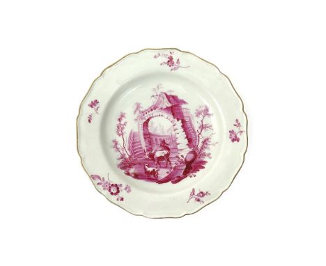 A rare Worcester plate of 'Grubbe' type  c.1770, painted in the Giles atelier in puce monochrome with a cow and a goat standi