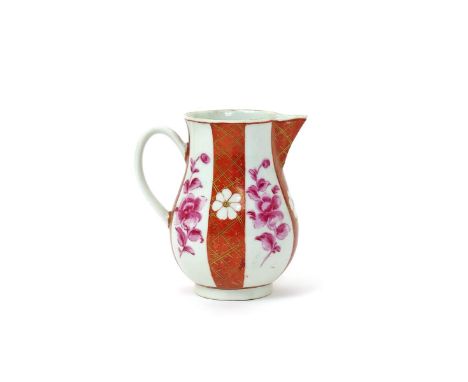 A Worcester milk jug  c.1770, decorated in a Scarlet Japan pattern in the manner of James Giles, with puce camaieu flower spr