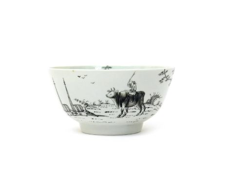 A Worcester small bowl c.1755-58, pencilled in black with the Boy on a Buffalo pattern, the eponymous pair depicted in a cont