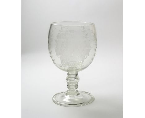 A massive glass commemorative rummer  19th century, the generous rounded bowl engraved with a half-length portrait of Nelson 