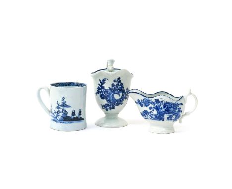 A Richard Chaffers (Liverpool) blue and white coffee can  c.1758, the tall cylindrical form painted with two Chinese figures 
