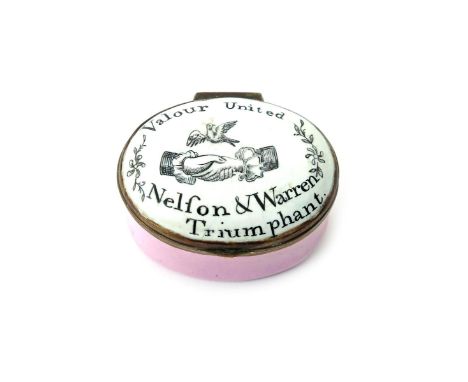 A rare English enamel patch box of naval interest  late 18th century, painted in black with a dove of peace above two clasped