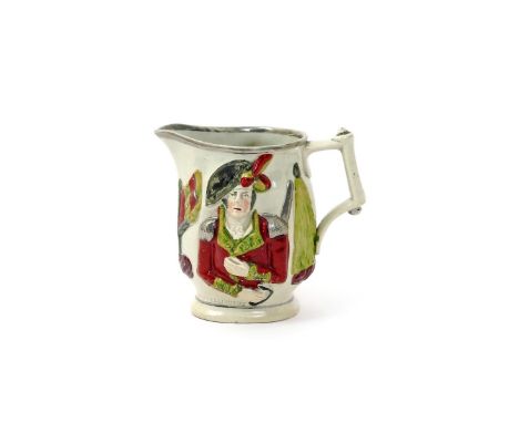 A pearlware moulded jug of military interest  early 19th century, moulded in high relief, one side with a half-length portrai