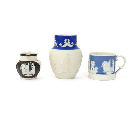 Two dry-bodied stoneware jugs  early 19th century, the larger sprigged with a standing portrait of Nelson, flanked by four Cl
