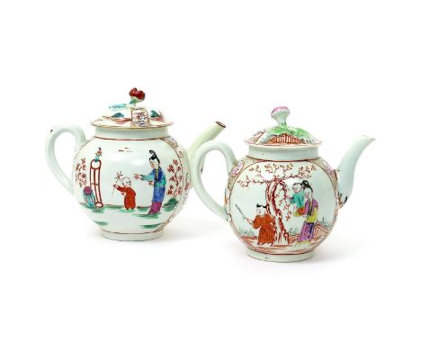 Two Worcester teapots and covers  c.1770-75, the smaller painted with two Chinese boys and a female attendant beside a red le