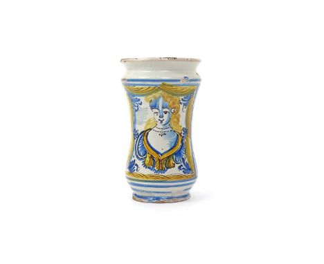 An Italian (Naples) maiolica albarello  c.1720, painted in a simple palette of blue, yellow and manganese, with the half port