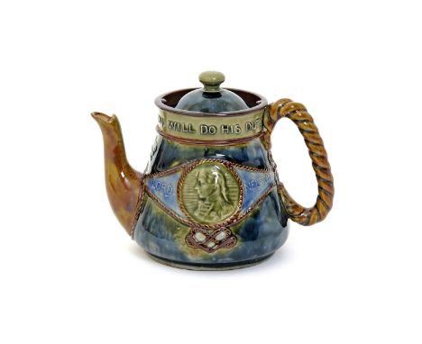 A Royal Doulton stoneware commemorative teapot and cover  c.1905, the pear-shaped body moulded in shallow relief with a profi