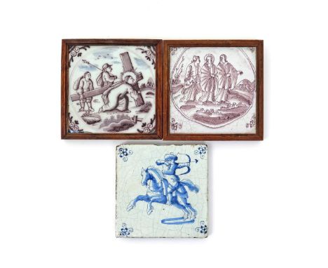 Two delftware Biblical tiles  mid 18th century, variously painted in manganese, one with Jesus and two followers on the Walk 