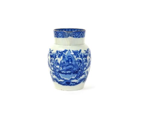 A large blue and white commemorative transferware mug  c.1805, printed with Britannia holding a shield bearing a portrait of 