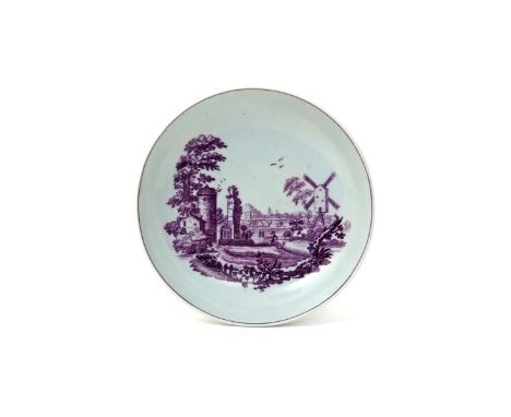 A good and rare Worcester saucer  c.1762-65, printed in purple with The Windmill pattern, a traveller and his dog standing be