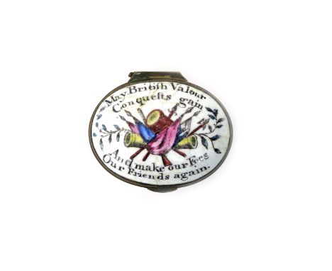 An English enamel patch box late 18th /early 19th century, decorated with a vignette of military motifs including a drum, can