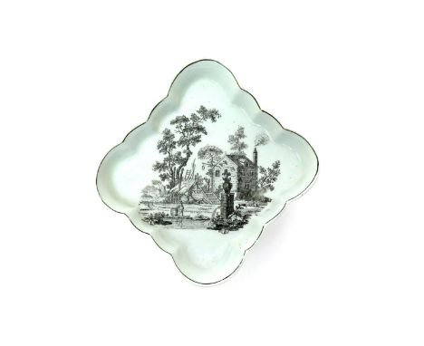 A rare Worcester spoon tray  c.1760, the square form printed in black with The Old Dutch Inn, a figure with a barrel standing