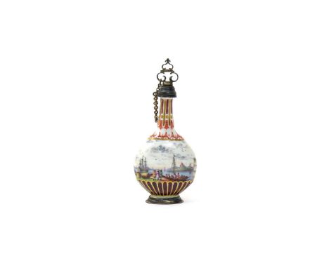 A Meissen scent flask  c.1730, of flattened circular form, finely painted with a continuous harbour landscape, depicting figu