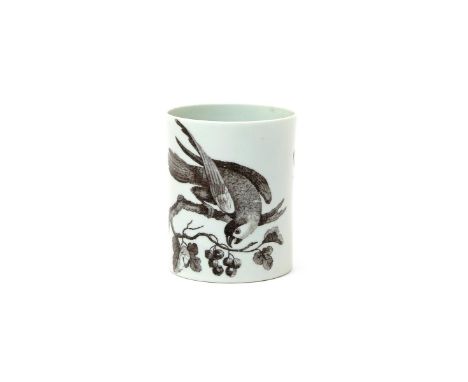 A good Worcester small mug  c.1758, printed in black with the parrot Pecking Fruit pattern, a large bird bending his beak tow