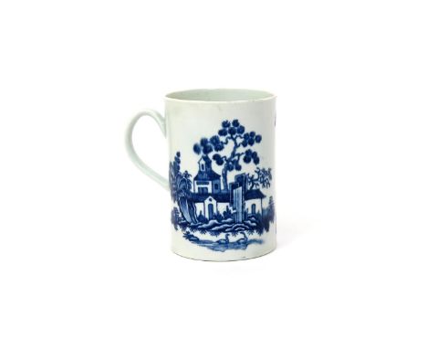 A large Worcester blue and white mug  c.1770, printed with the Plantation pattern, with tall bamboo and other Oriental plants