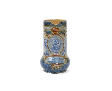 A Royal Doulton stoneware commemorative jug  c.1905, moulded in shallow relief with a profile portrait of Lord Nelson against