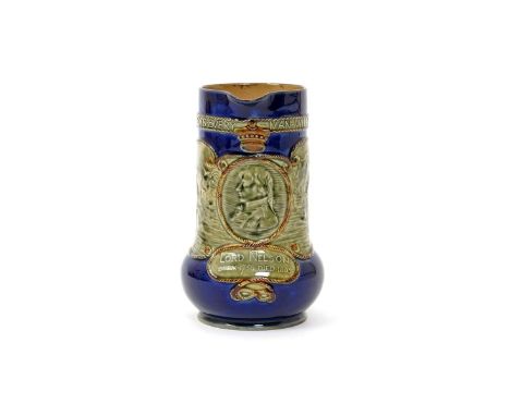 A Royal Doulton stoneware commemorative jug  c.1905, moulded in shallow relief with a profile portrait of Lord Nelson against