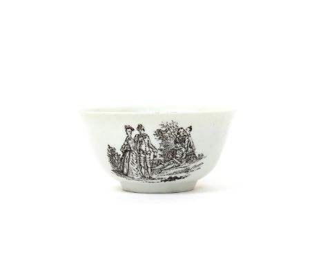 An early Worcester teabowl c.1755, printed in black in the 'Smoky Primitive' manner with La Cascade, a courting couple promen